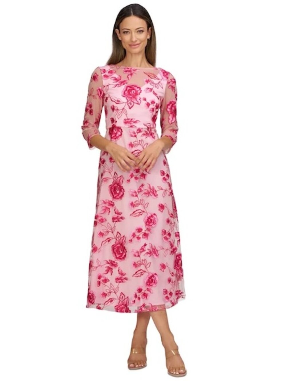 JS Collections Rose Pink Magenta Floral Embroidery Midi Dress